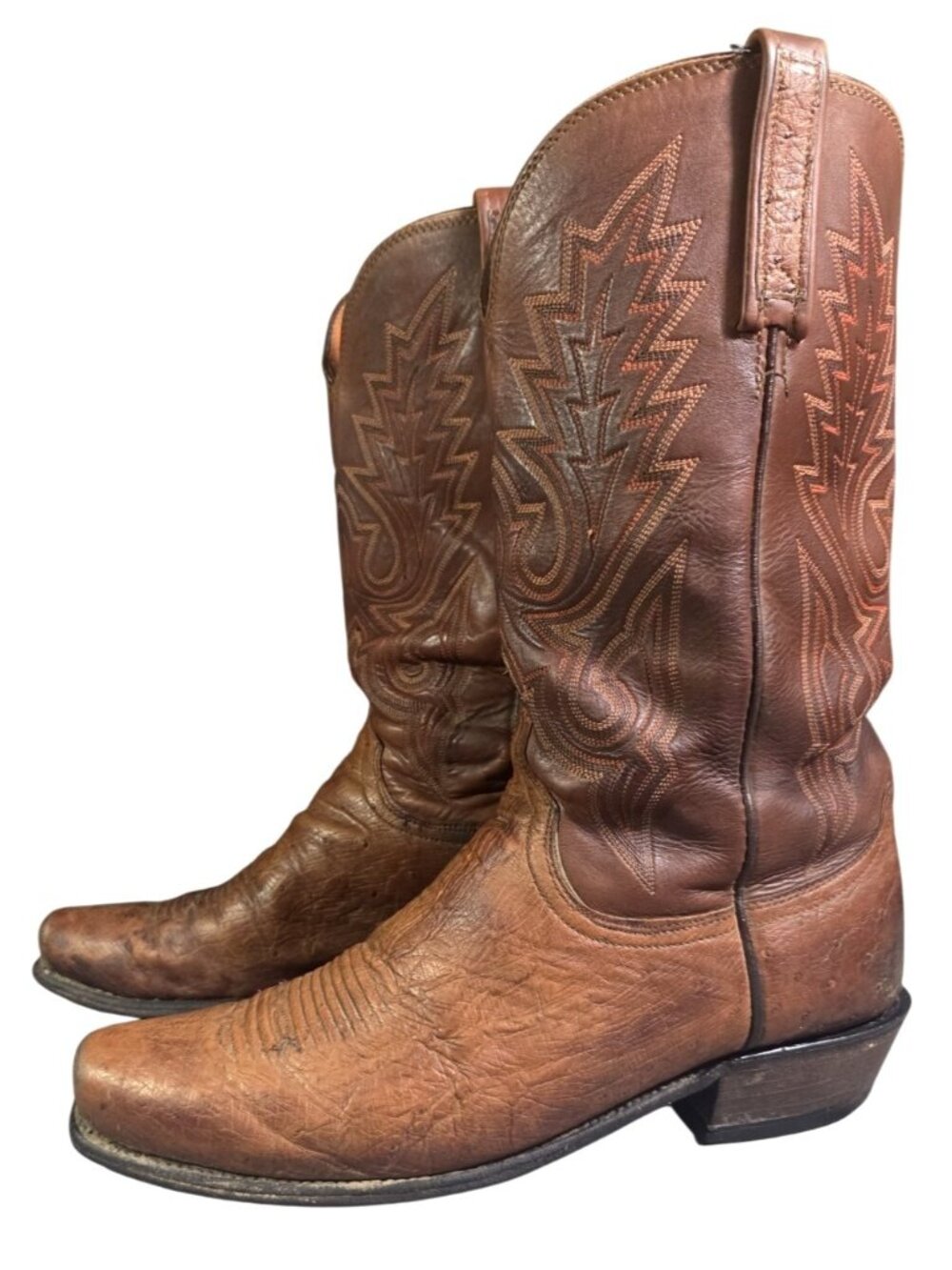 Lucchese Men's Barnwood Smooth Ostrich Brown Distressed Square Toe Boots Sz 10